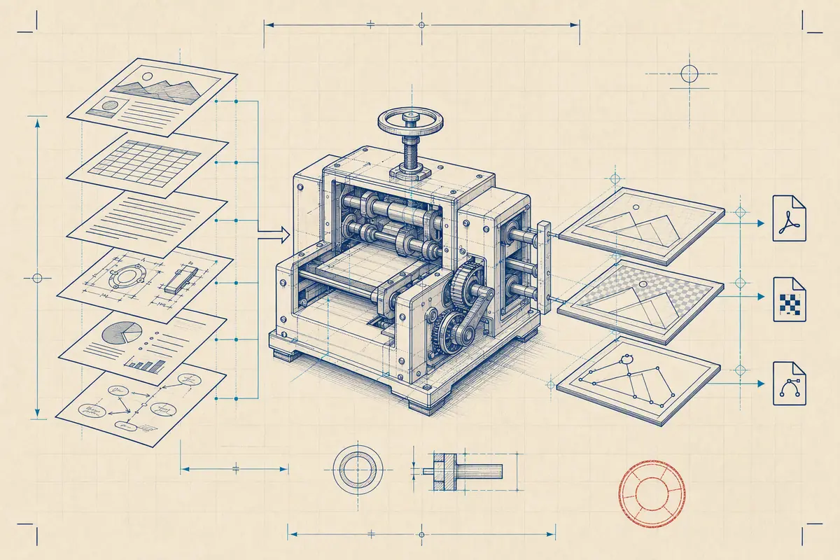 Technical blueprint showing different source sheets entering a precision conversion machine and emerging as three aligned output formats.